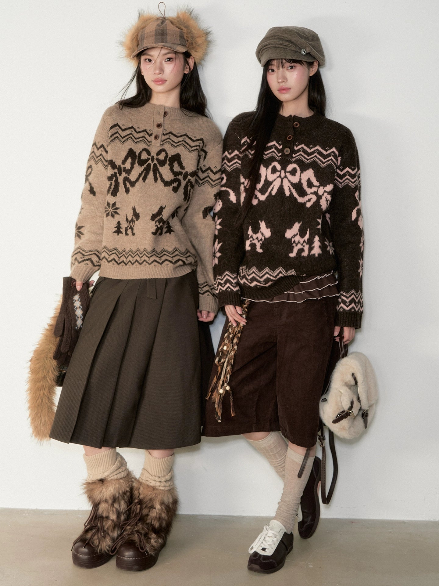 Fair Isle Bow Knit Henley Crewneck
