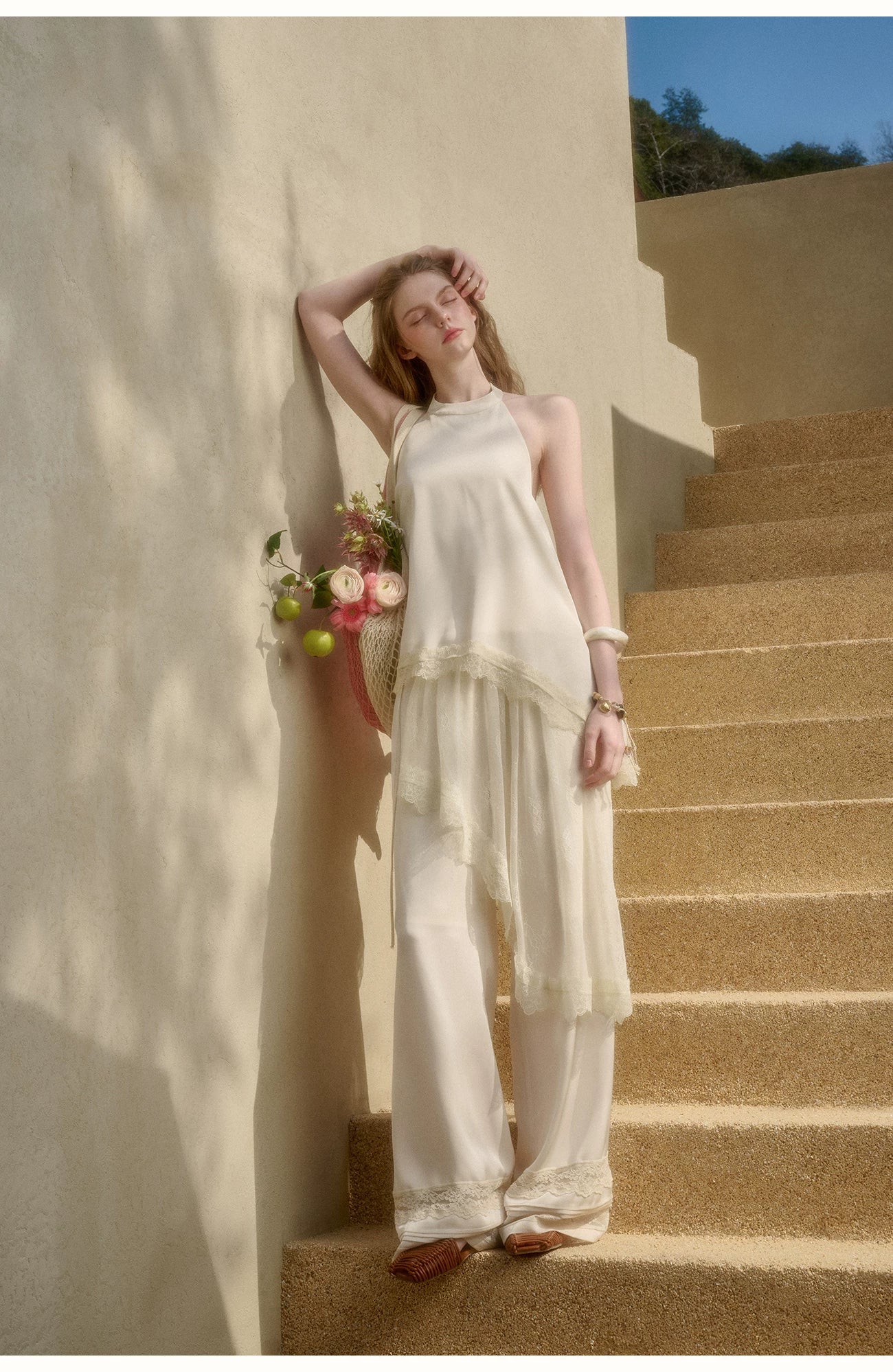 Pearl Gold Satin Lace Three-Piece Set