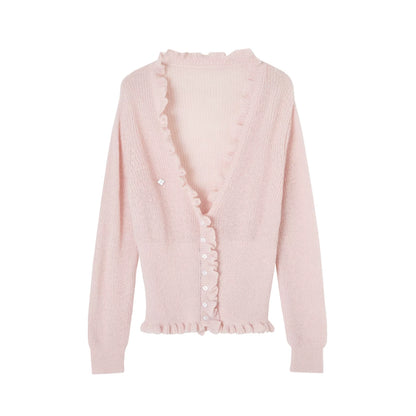 Deep V-Neck Ruffle Waist Cardigan