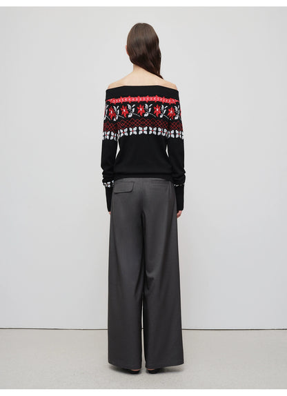 Air Isle Off-Shoulder Wool Knit Sweater