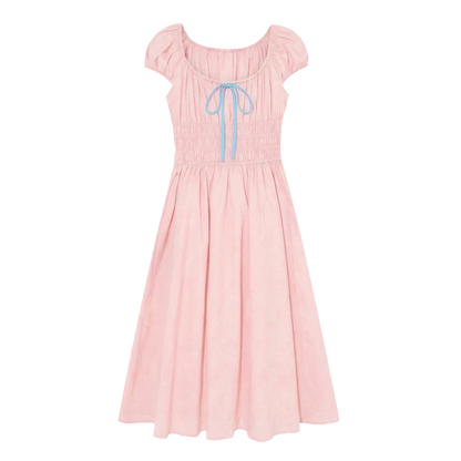 French Floral Tie-Waist Square Neck Puff Sleeve Dress
