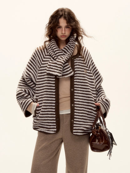 Reversible Striped Faux Scarf Detail Shearling Jacket