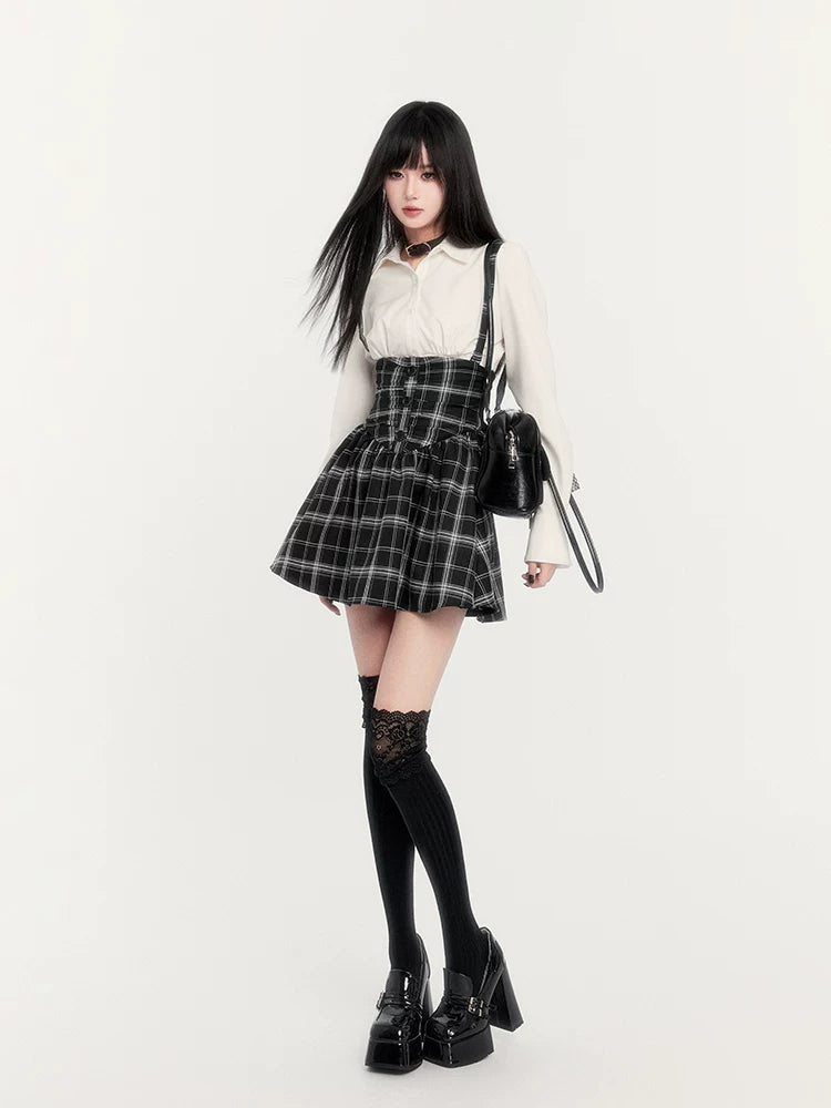 High-Waist Corset Plaid Suspender Skirt
