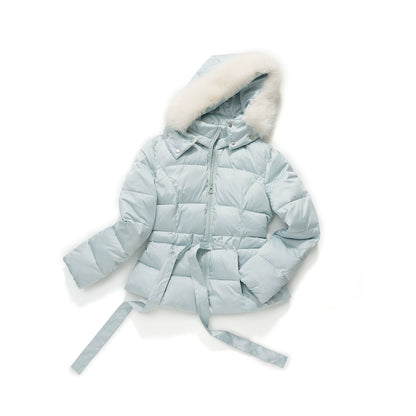 Two-Tone Belted Detachable Fur Hood Down Jacket