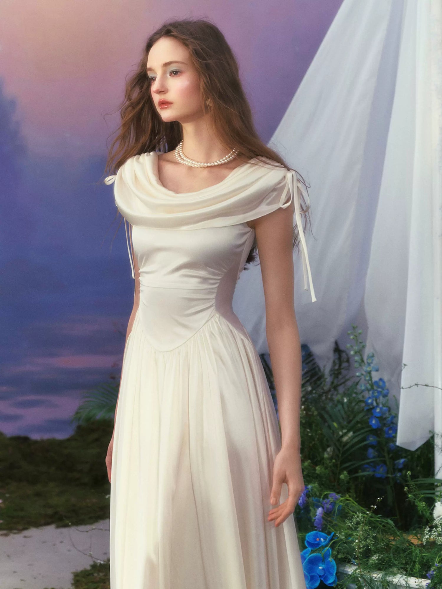 White French Court-Style Draped-Neck Dress