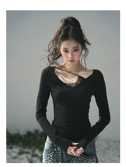 Deep V Lace Knit Top