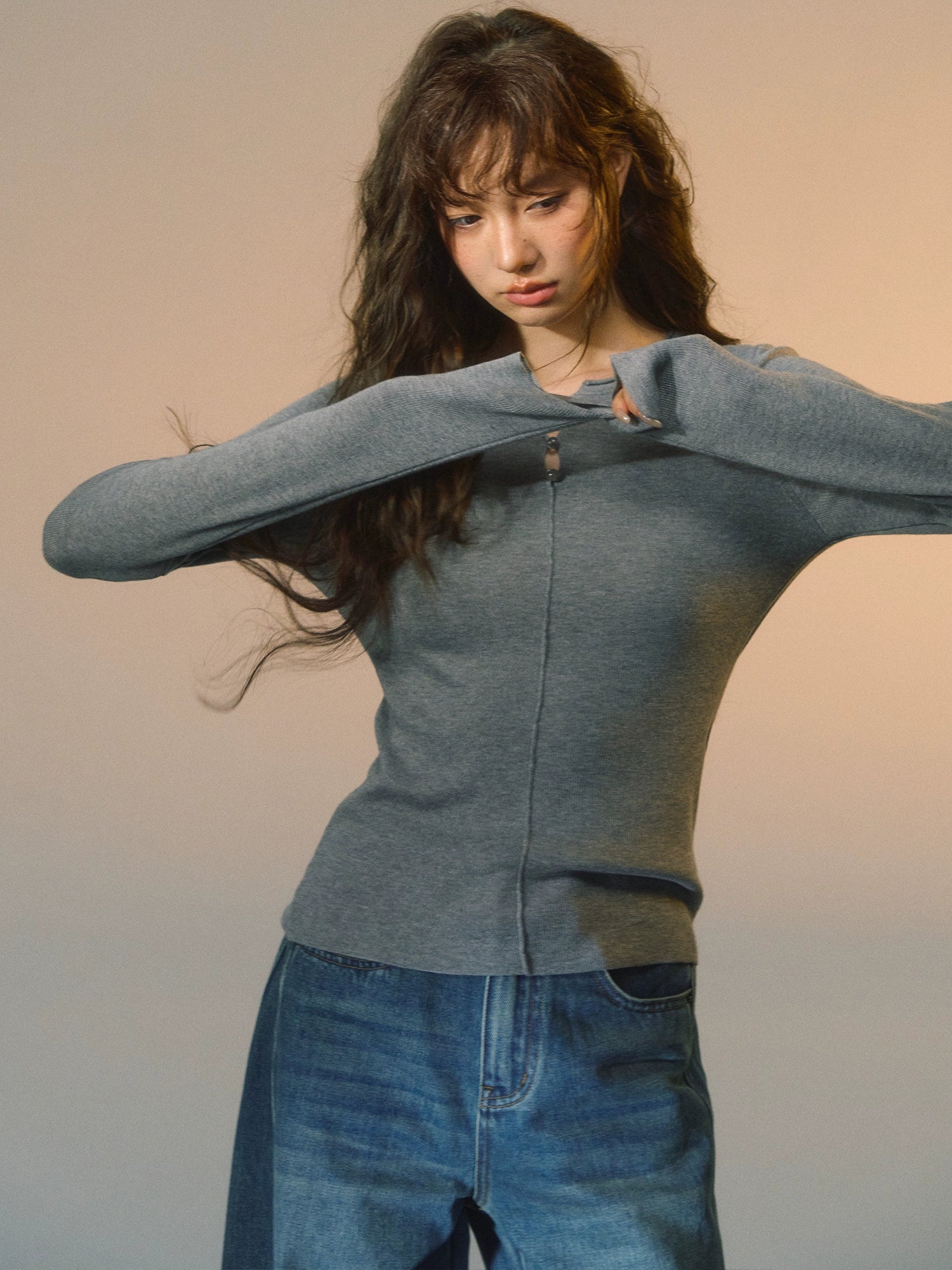 Striped Button-Up Knit Crewneck