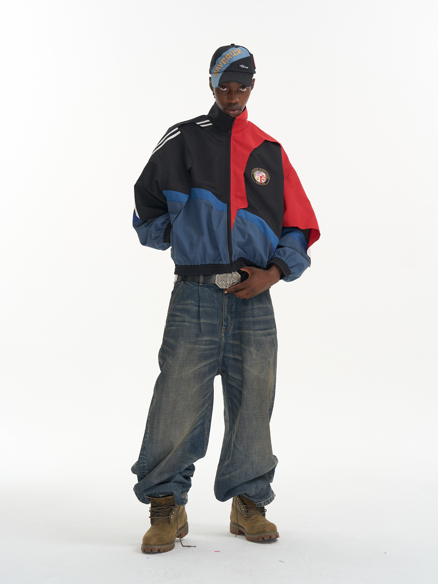 Distressed Cut-Out Color-Block Sport Jacket