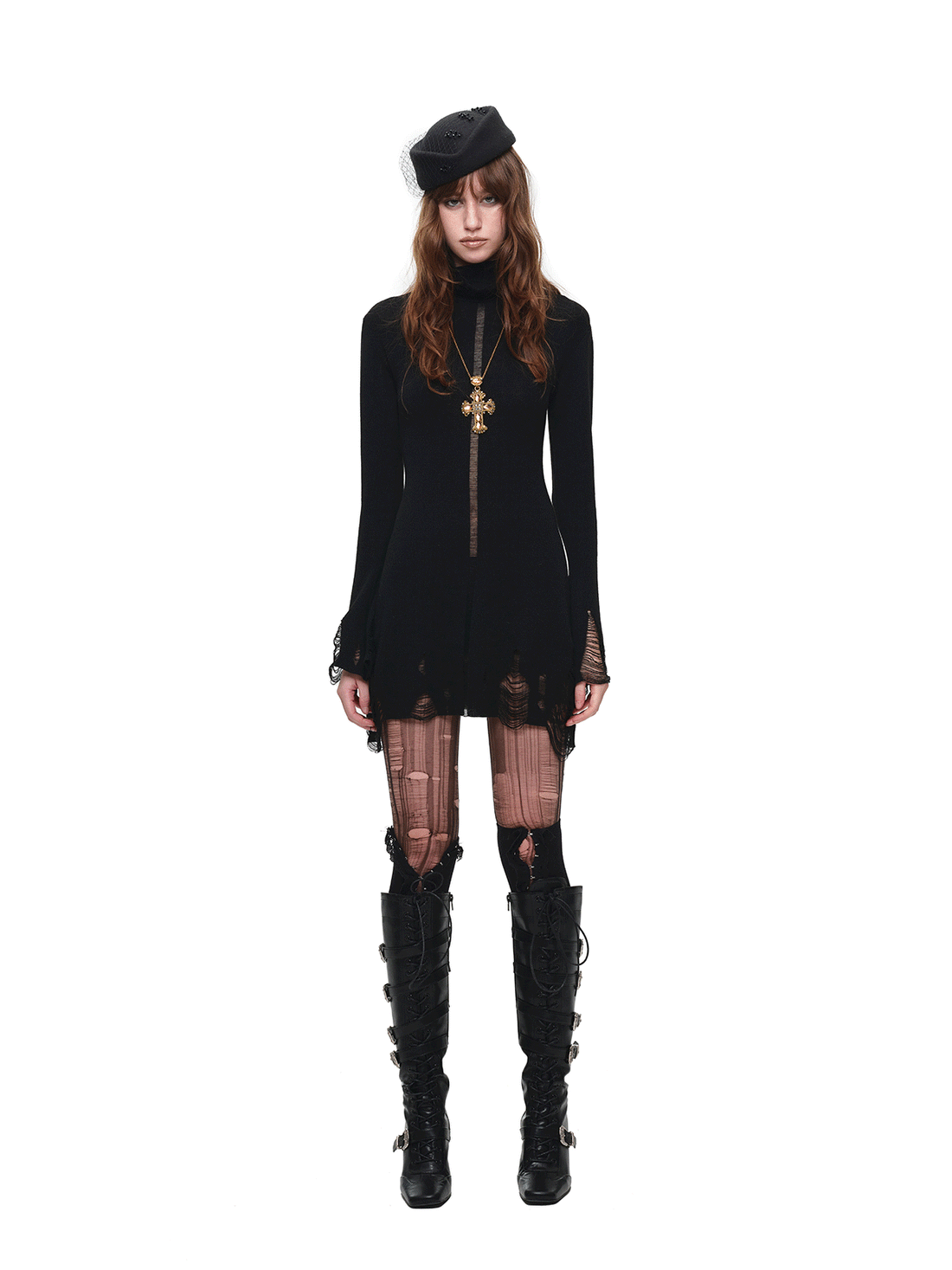 Distressed High-Neck Knit Dress