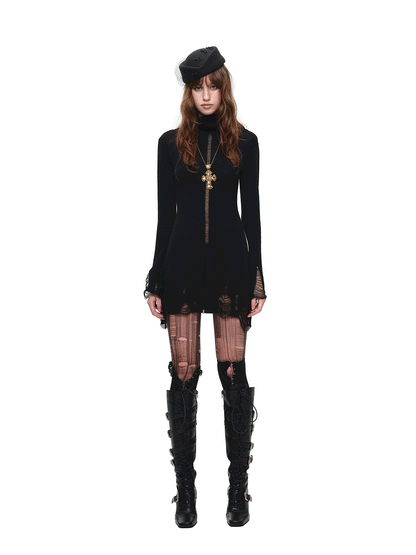 Distressed High-Neck Knit Dress