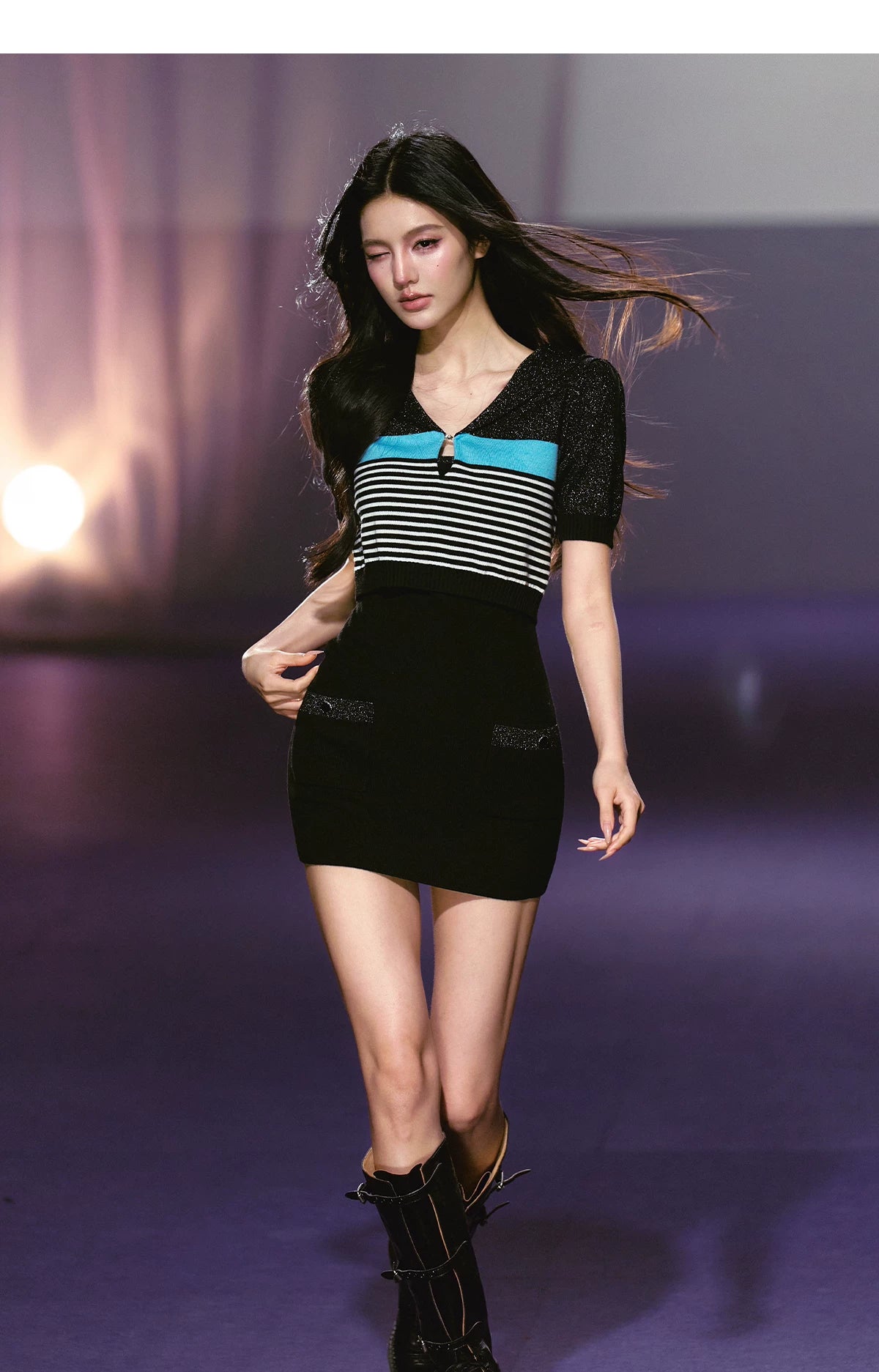 Contrast Trim Sheer Knit Dress & Cropped Cardigan Set Top / L