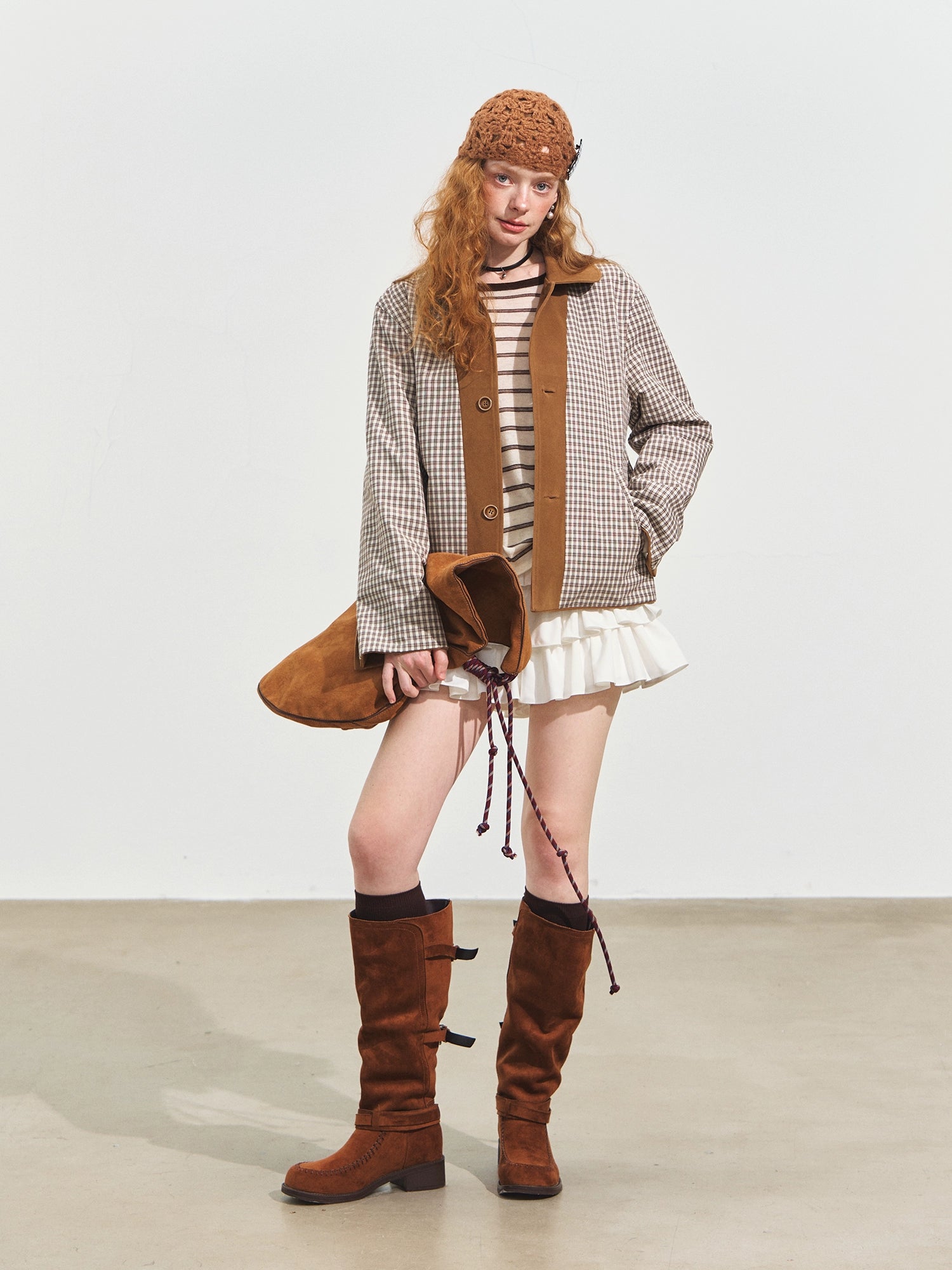 Velvet-Textured Peter Pan Collar Leather Jacket