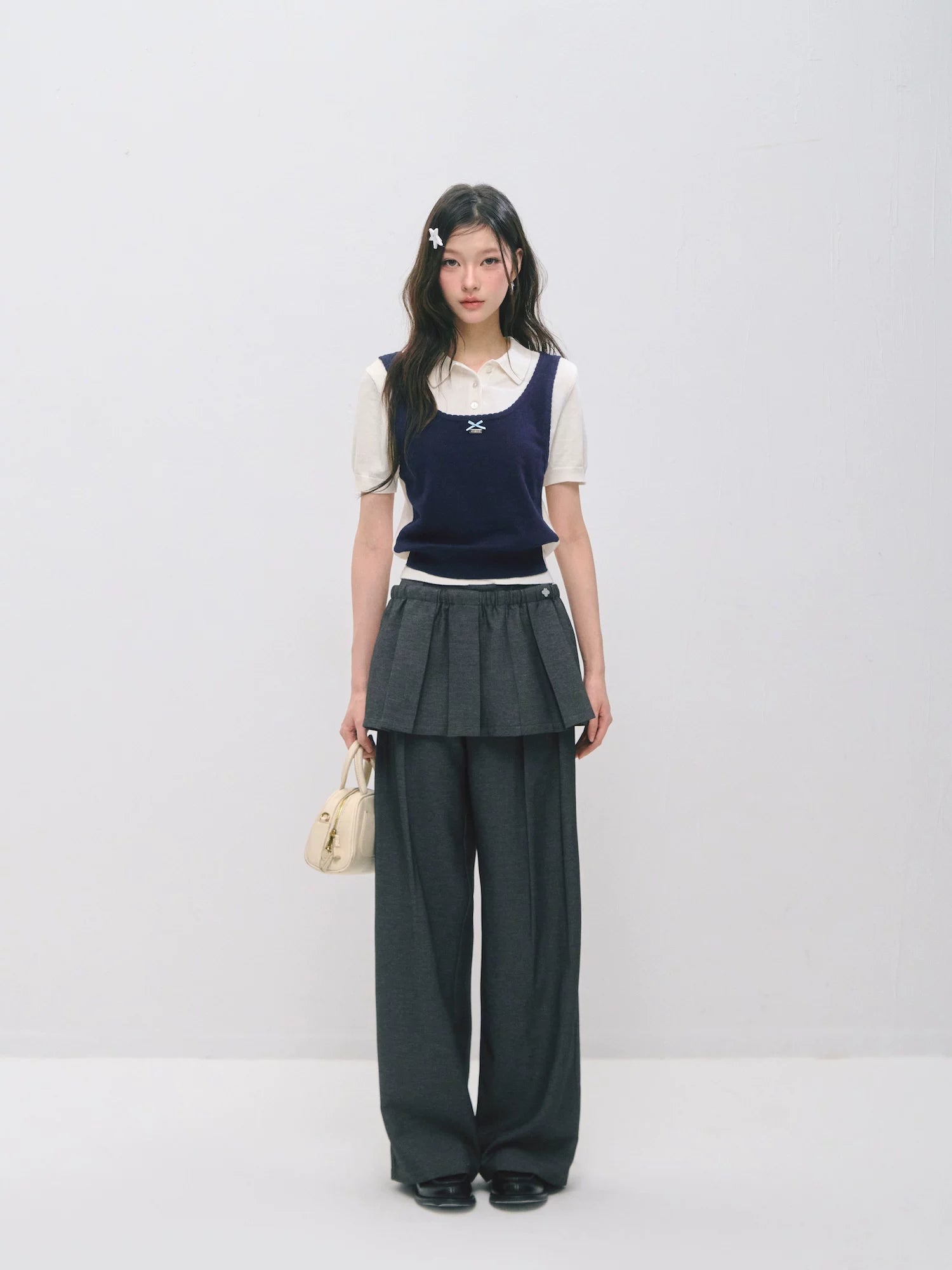 Detachable Pleated Overlay Tailored Wide-Leg Trousers