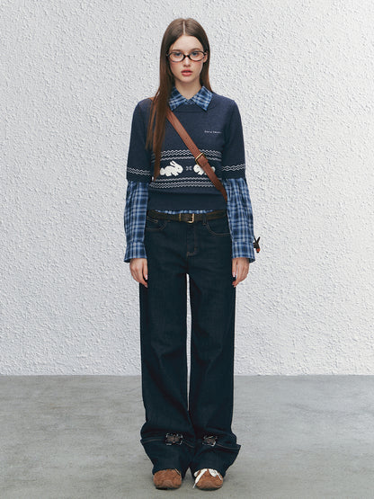 Embroidered Wide-Legged Flared Denim Pants