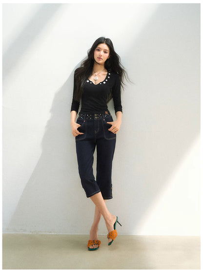 Studded Belt Cropped Denim Pants