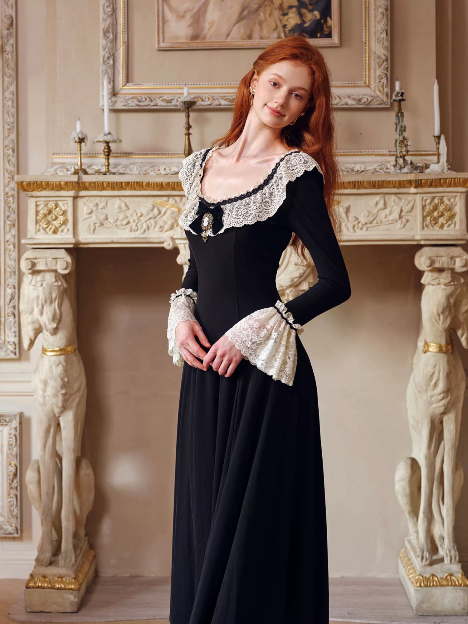 French Pastoral Black Knit Long-Sleeve Dress