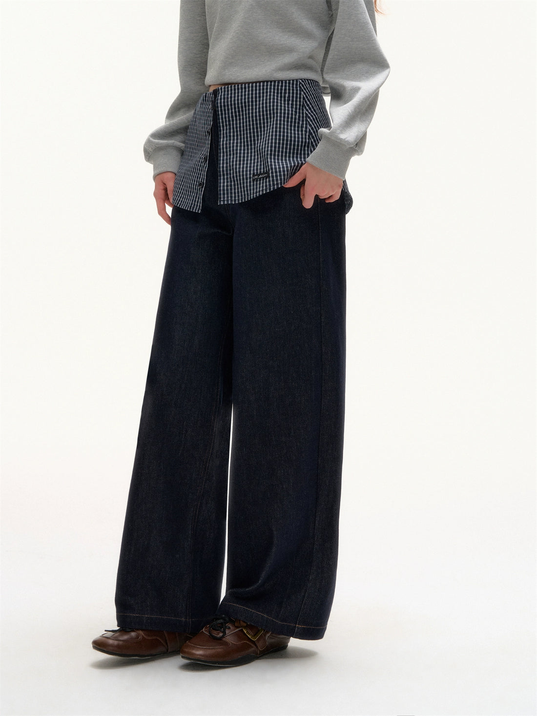 Plaid Patchwork Faux Two-Piece Straight-Leg Jeans