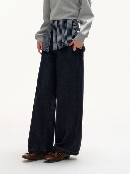 Plaid Patchwork Faux Two-Piece Straight-Leg Jeans
