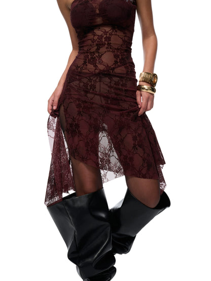 Red Semi-Sheer Floral Velvet Dress