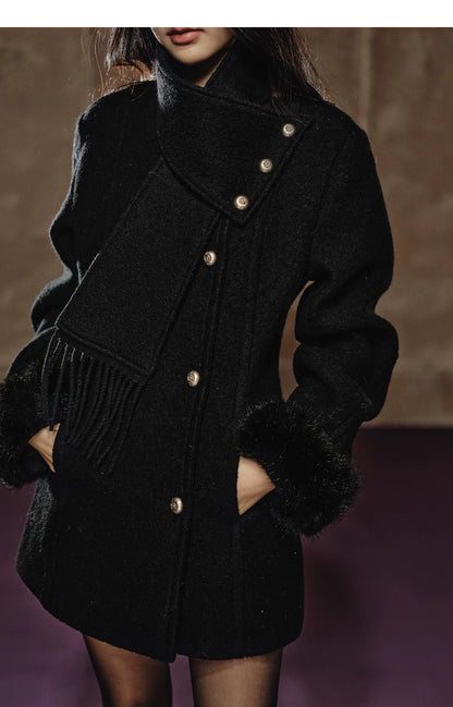 Detachable Fringe Scarf Hourglass-Waist Wool Coat