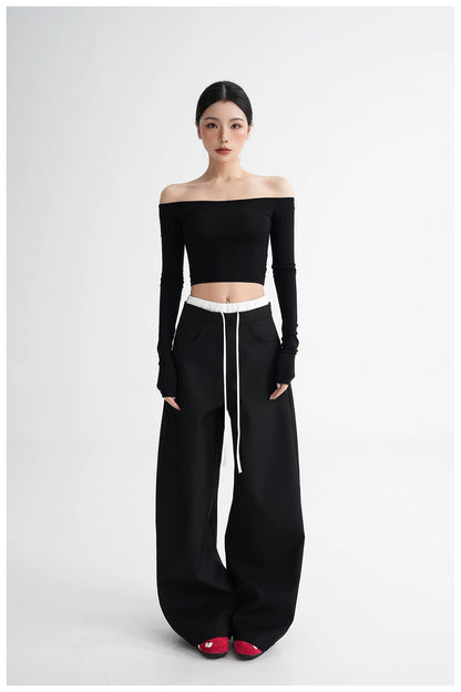 Off-Shoulder Cropped Fitted Long Sleeve T-Shirt