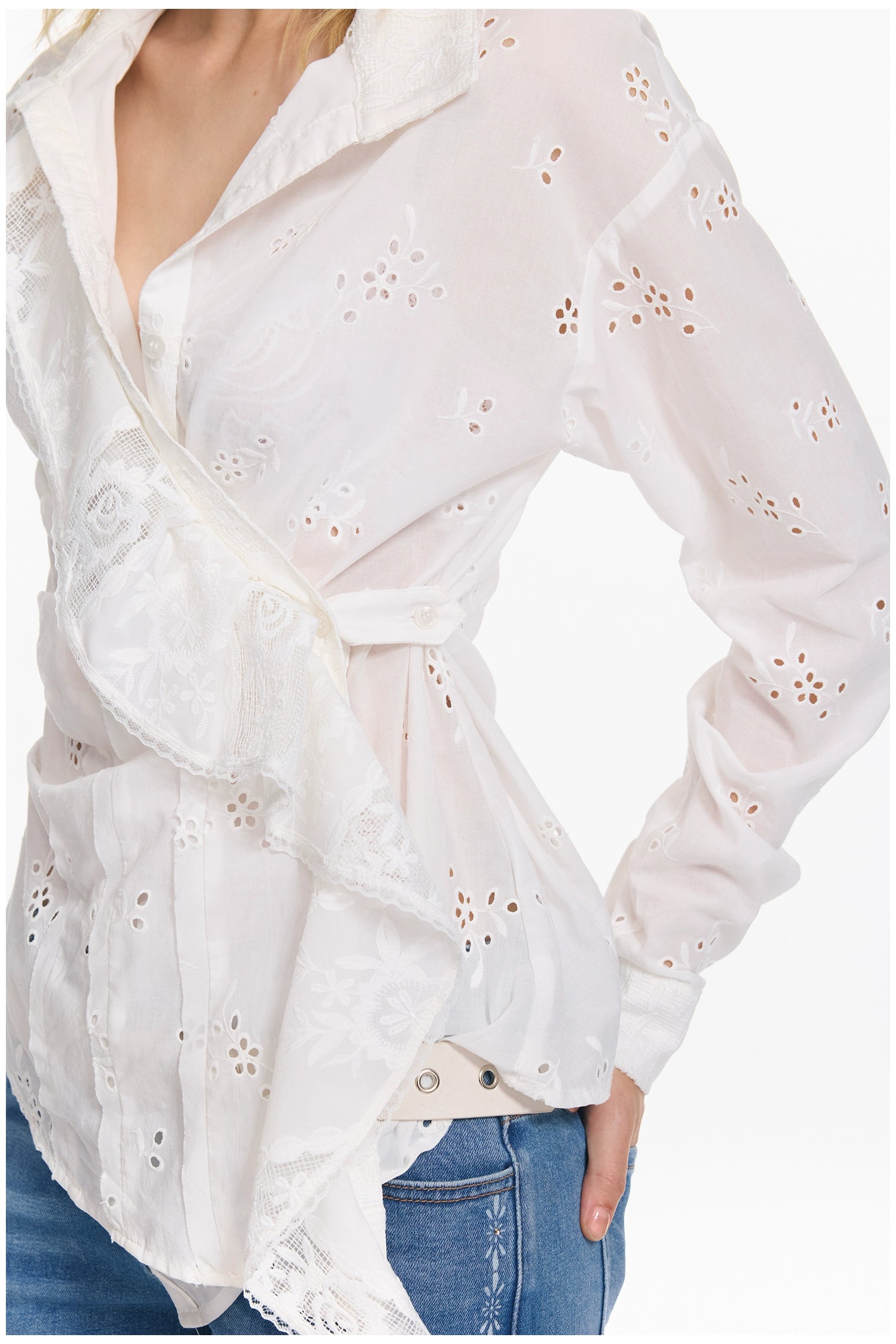 Embroidered Plaid Ruffle-Edge Shirt