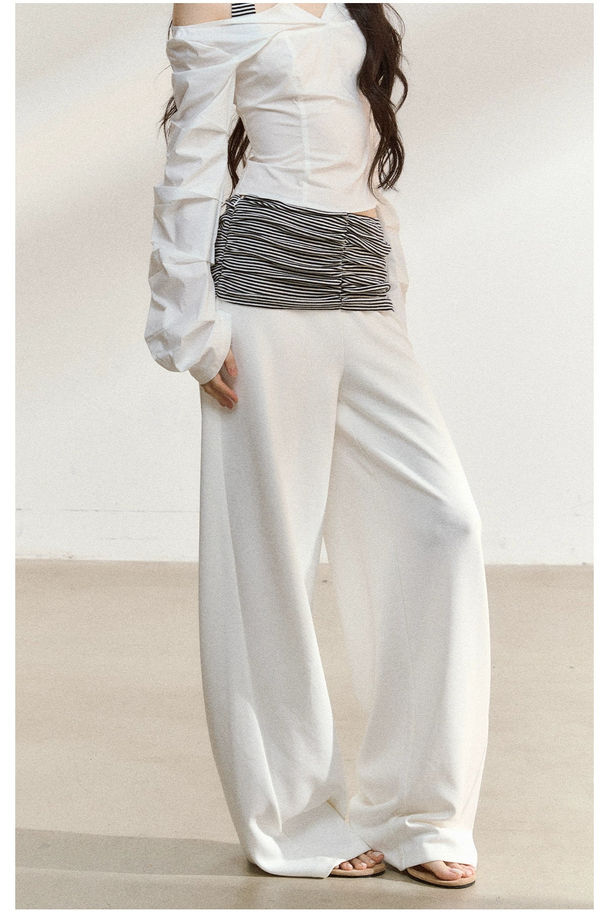 Striped Waist Panel Relaxed Straight-Leg Trousers