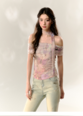 Purple Butterfly & Pink Butterfly Mesh One-shoulder T-shirt - CHINASQUAD