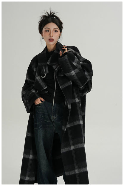 Plaid Stand-Collar Double-Faced Wool Coat