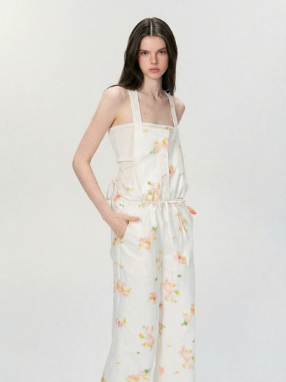 Vintage Soft-Blur Floral Backless Strap Jumpsuit