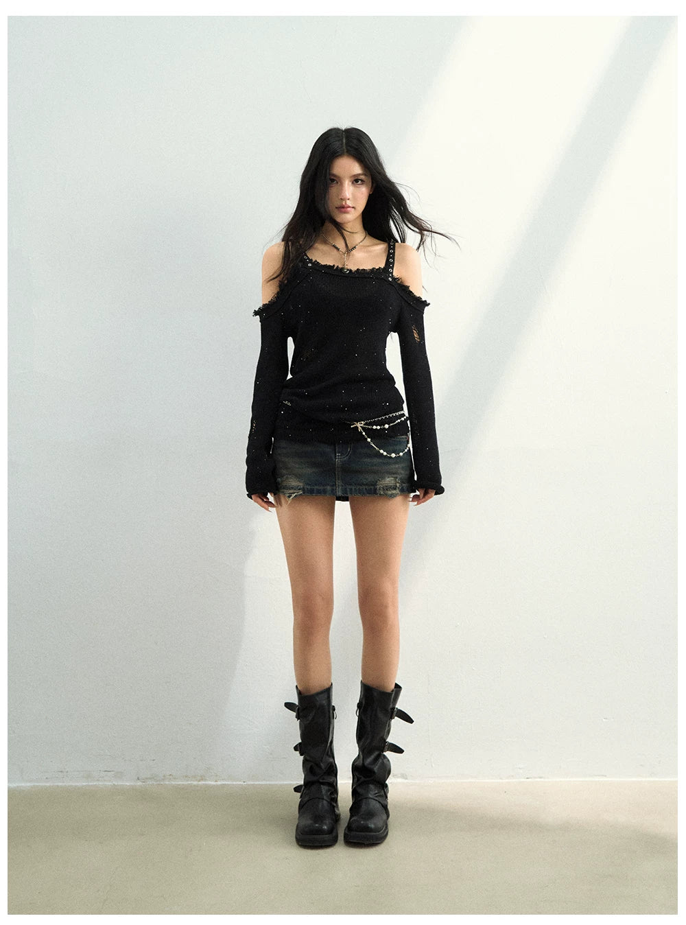 Studded Washed Denim Mini Skirt