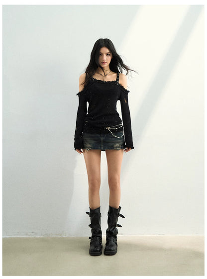 Studded Washed Denim Mini Skirt