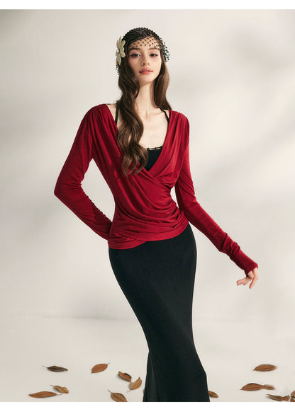 Modal Tencel V-Drape Ruched Blouse