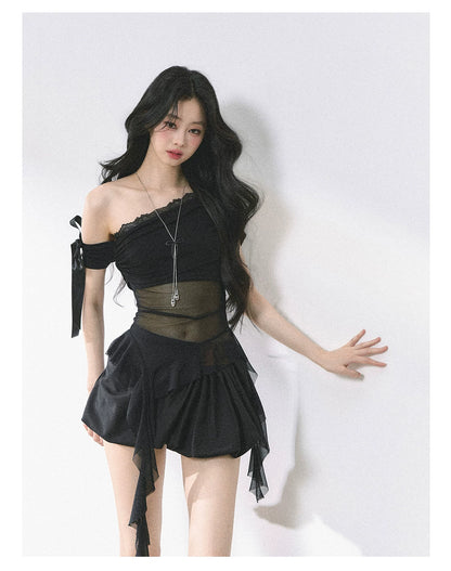 Off-Shoulder Mesh Short-Sleeve T-Shirt