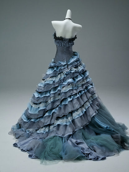 Nightscape Ruffled Tulle Gown with Floral Embellishments