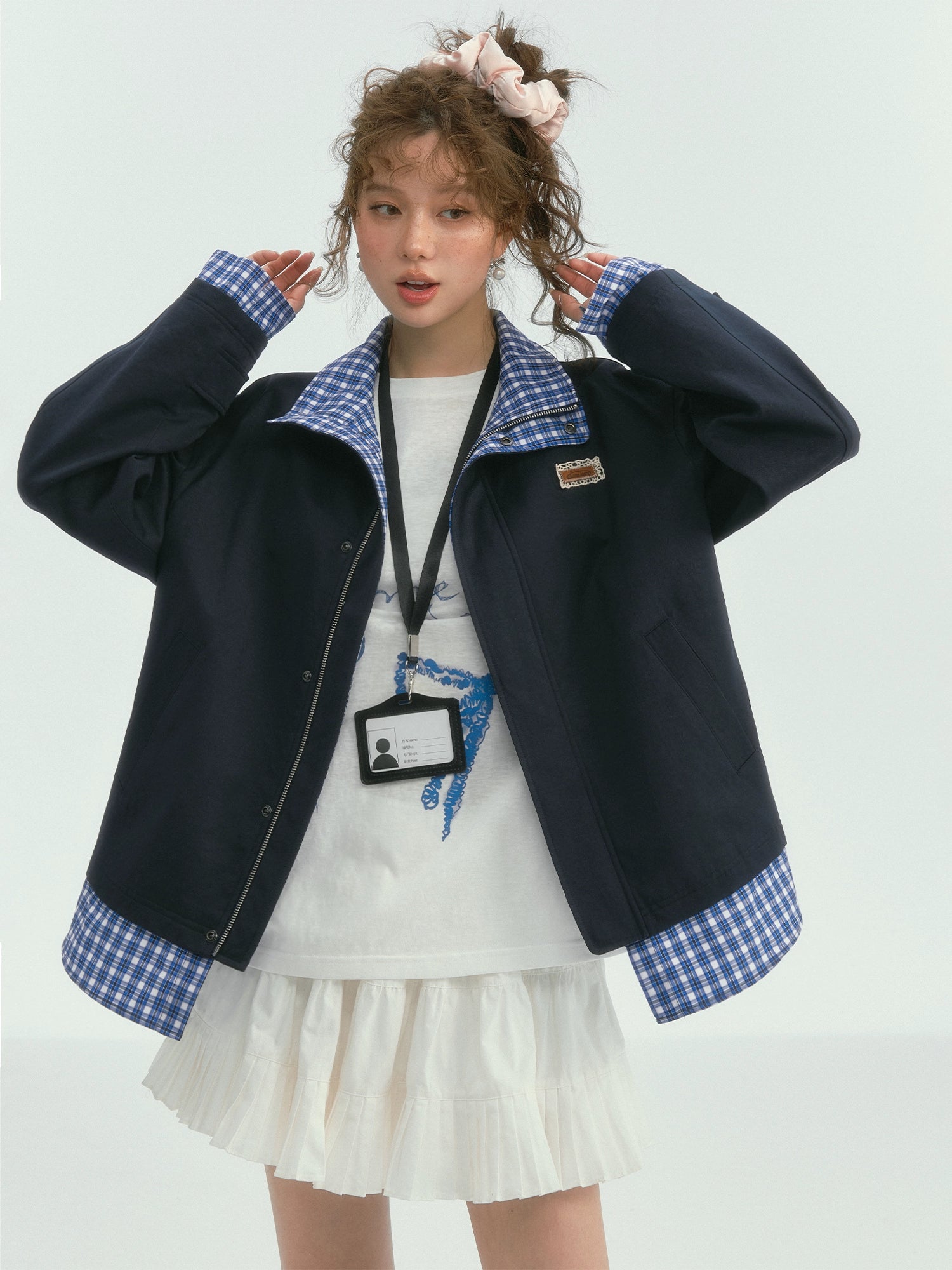 Plaid Splicing Stand Collar Windbreaker Jacket