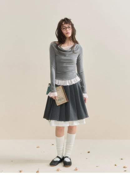 Lace Faux Two-Piece Long Sleeve T-shirt