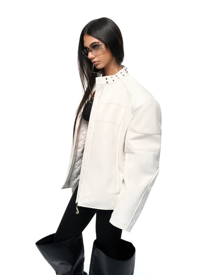 White Studded Stand-Collar Oversized Jacket