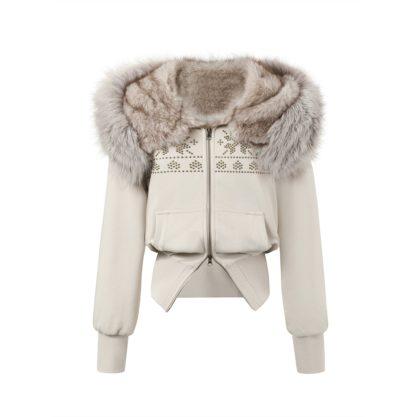 Vintage Rivet Embellished Fleece Hoodie Jacket