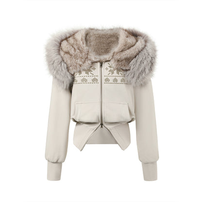 Vintage Rivet Embellished Fleece Hoodie Jacket