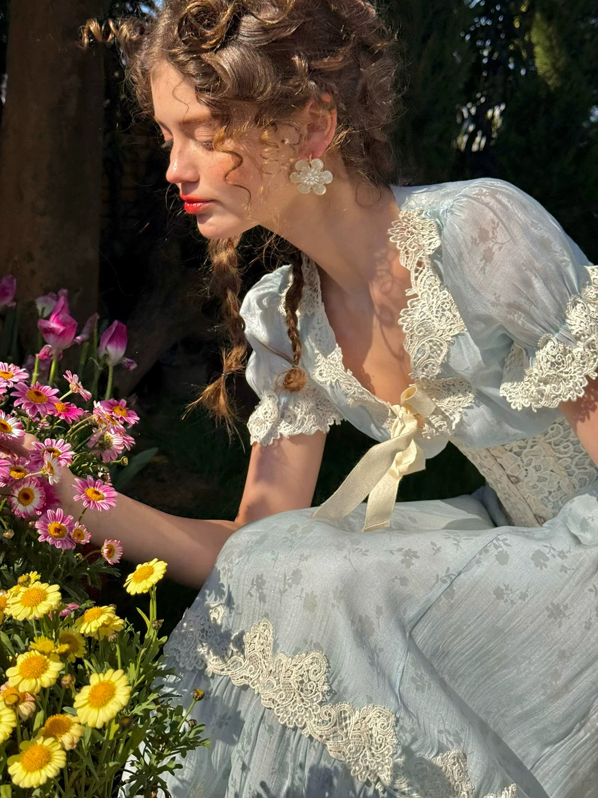 Fresh Baby Blue Lace Short-Sleeve Dress