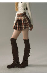 Red & Coffee Plaid Pleated Mini Skirt - CHINASQUAD