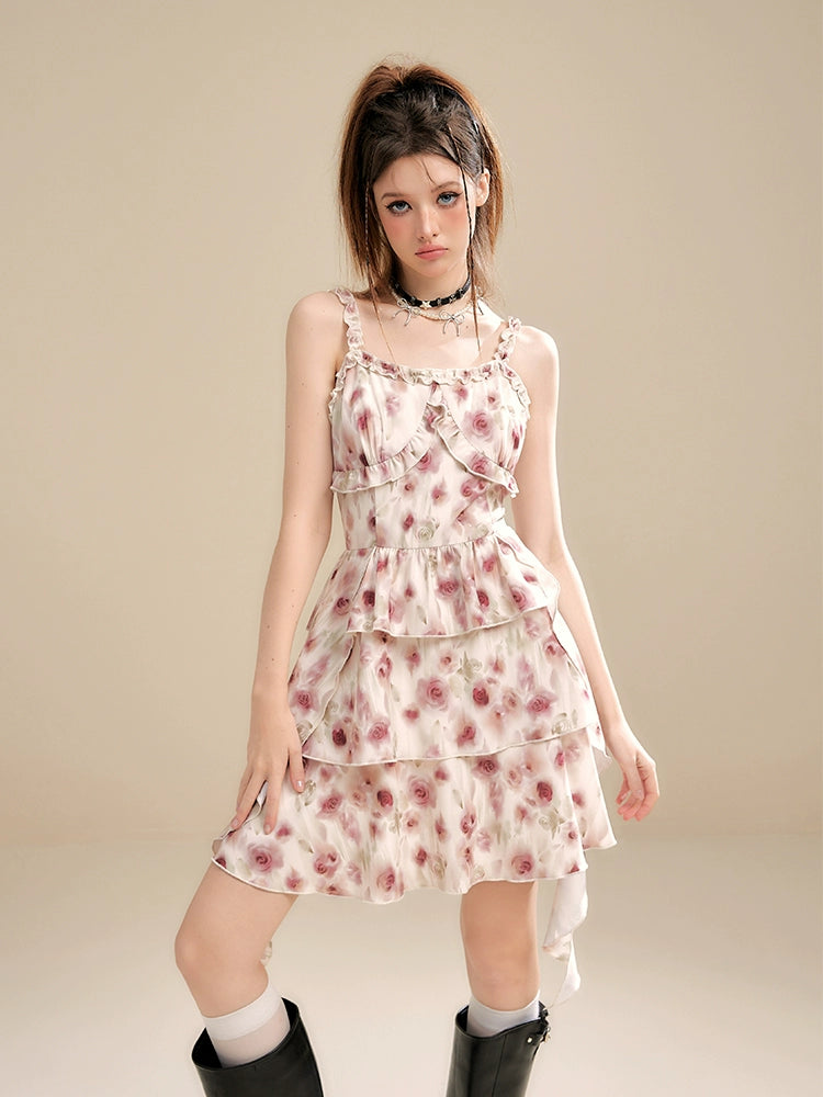 Apricot Floral Asymmetrical Strap Dress