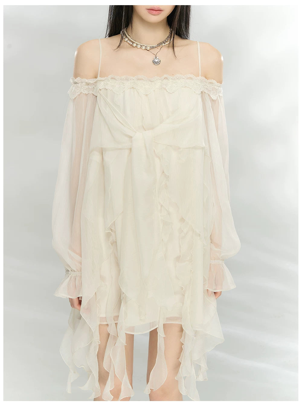 Lace-Trim Off-Shoulder Chiffon Dress
