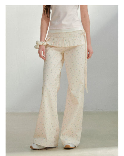 Original Floral Pleated Tail Long Pants
