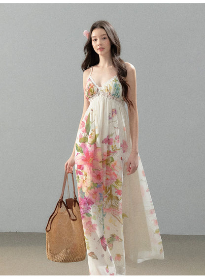Blooming Vine Floral Chiffon Slip Maxi Dress