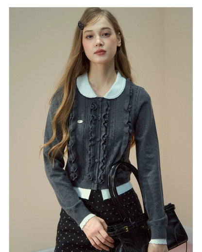 Grey Ruffle Collar Knit Cardigan
