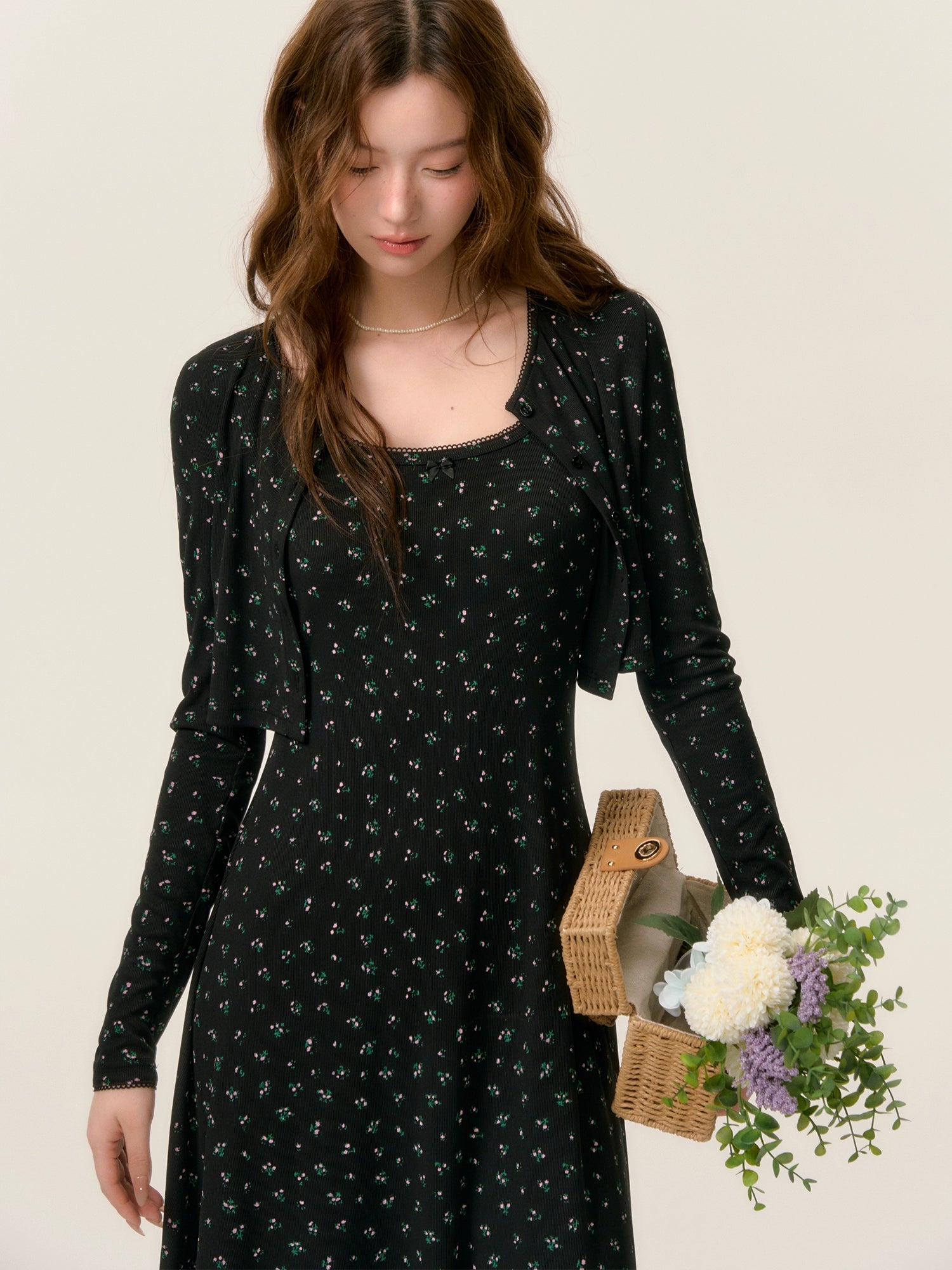 Dropped Shoulder Floral Knit Dress &amp; Cardigan Set