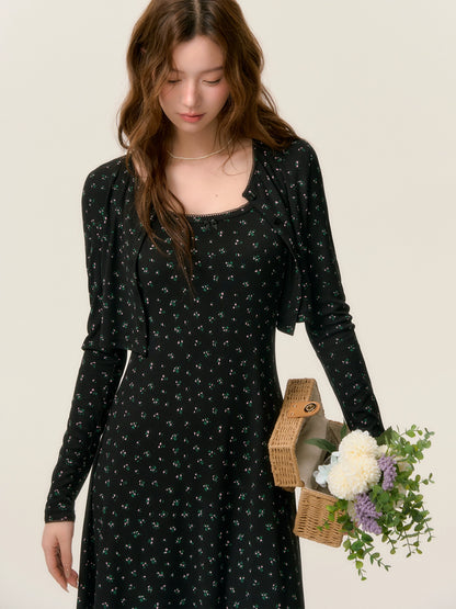 Dropped Shoulder Floral Knit Dress &amp; Cardigan Set