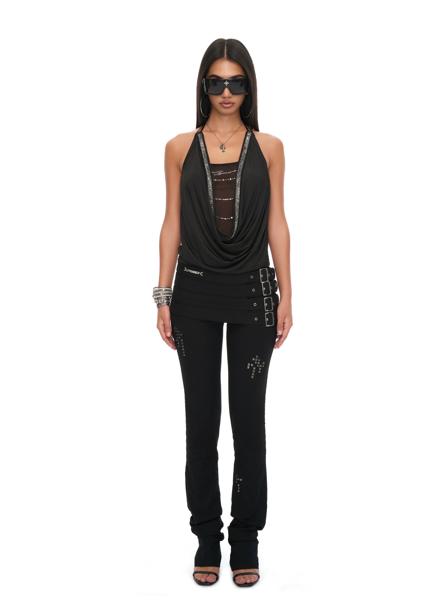 Black Draped Neck Mesh-Knit Halter Top